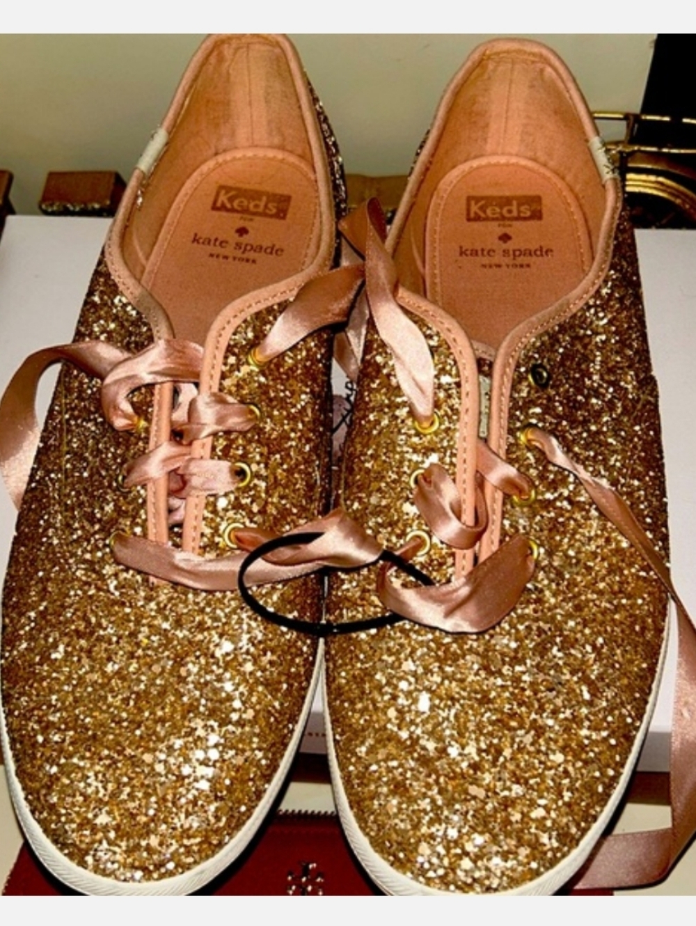 kate spade gold glitter Keds sneakers with blush pink ribbon laces